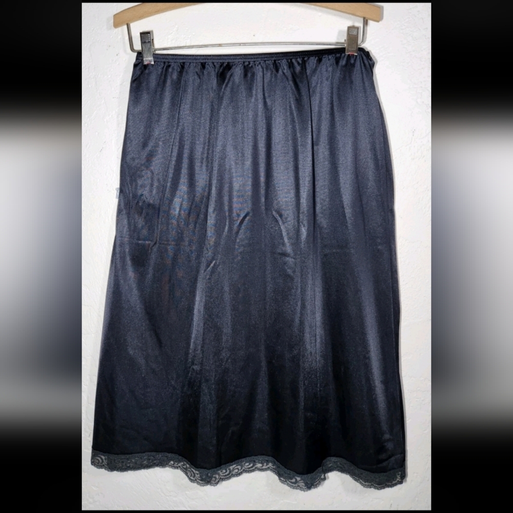 Vanity Fair Size Medium Black Satin Midi Half Slip with Lace Hem